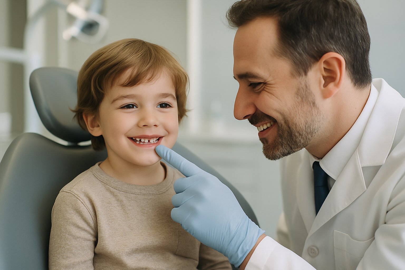 A young child smiling in a dental chair while a dentist points to the child's milk teeth inside a modern dental clinic.