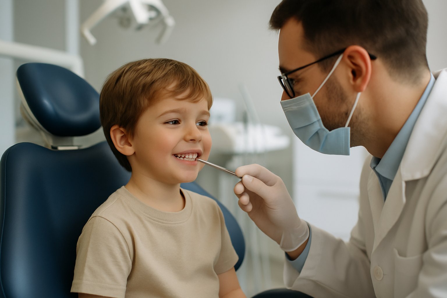 A young child smiling in a dental chair while a dentist gently points at their teeth in a modern dental clinic.