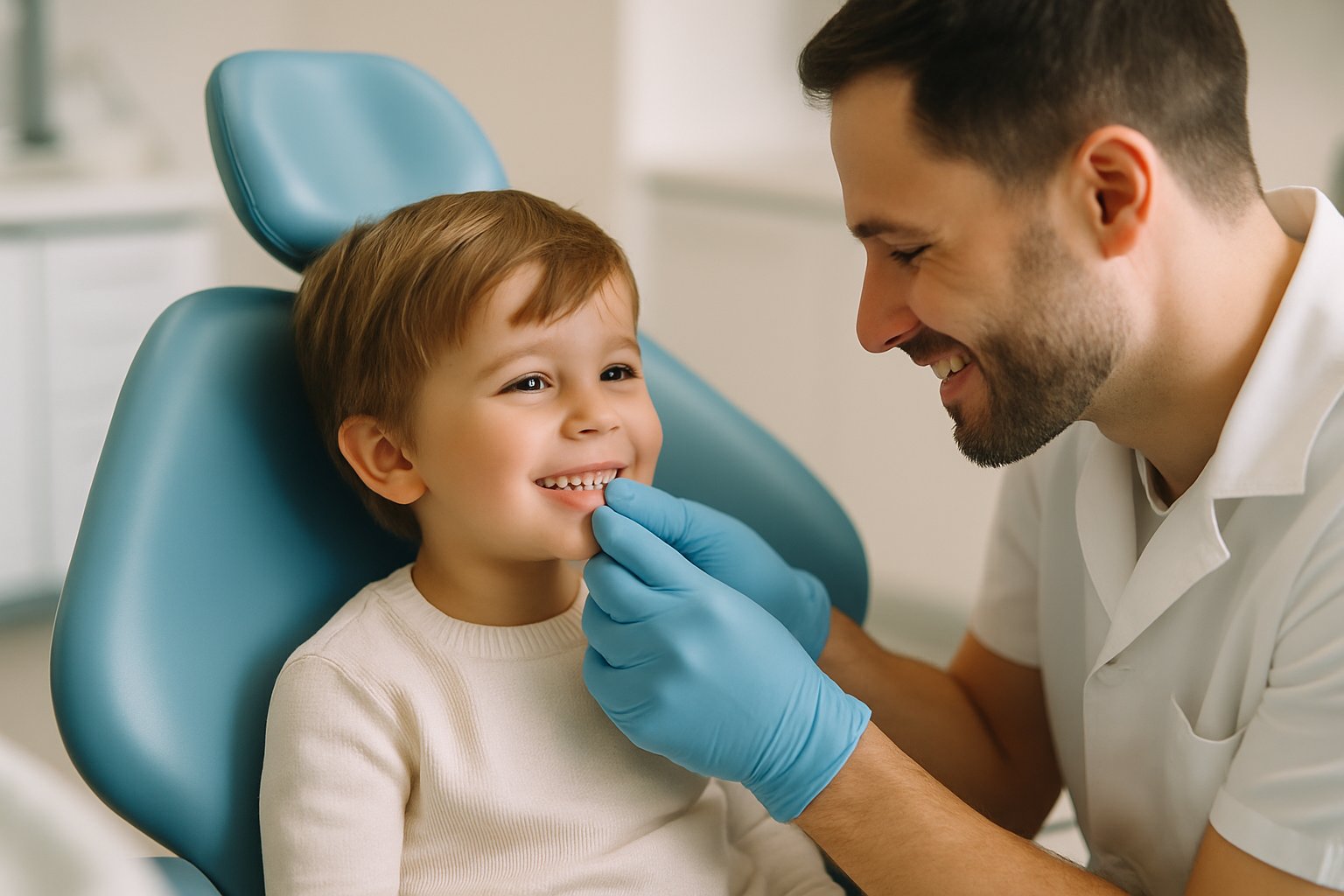 A dentist gently examining a smiling young child's milk teeth in a modern dental clinic.