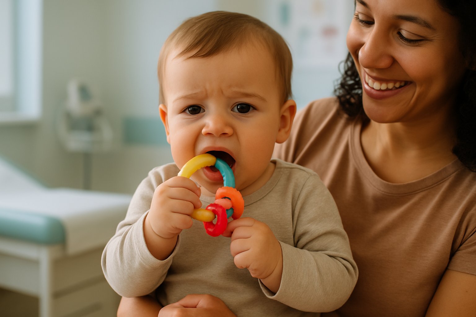 A young child chewing on a teething toy while sitting on a caregiver's lap in a pediatric clinic.