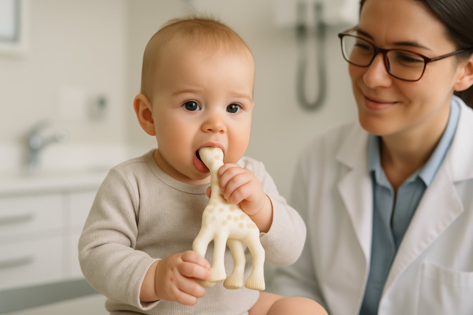 A young child chewing on a teething toy in a modern pediatric clinic with a caring adult nearby.