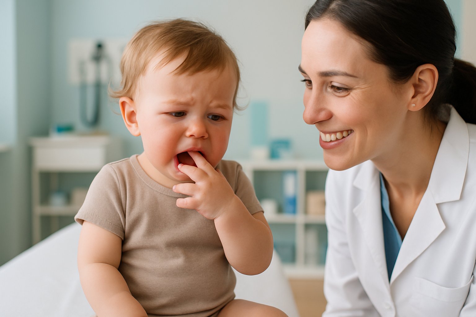 A young child touching their gums while a caring adult watches attentively in a modern clinic setting.
