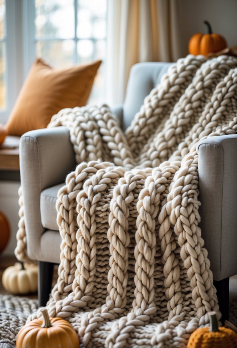 A chunky knit blanket made from thick yarn draped over an armchair in a cozy living room with autumn decorations.
