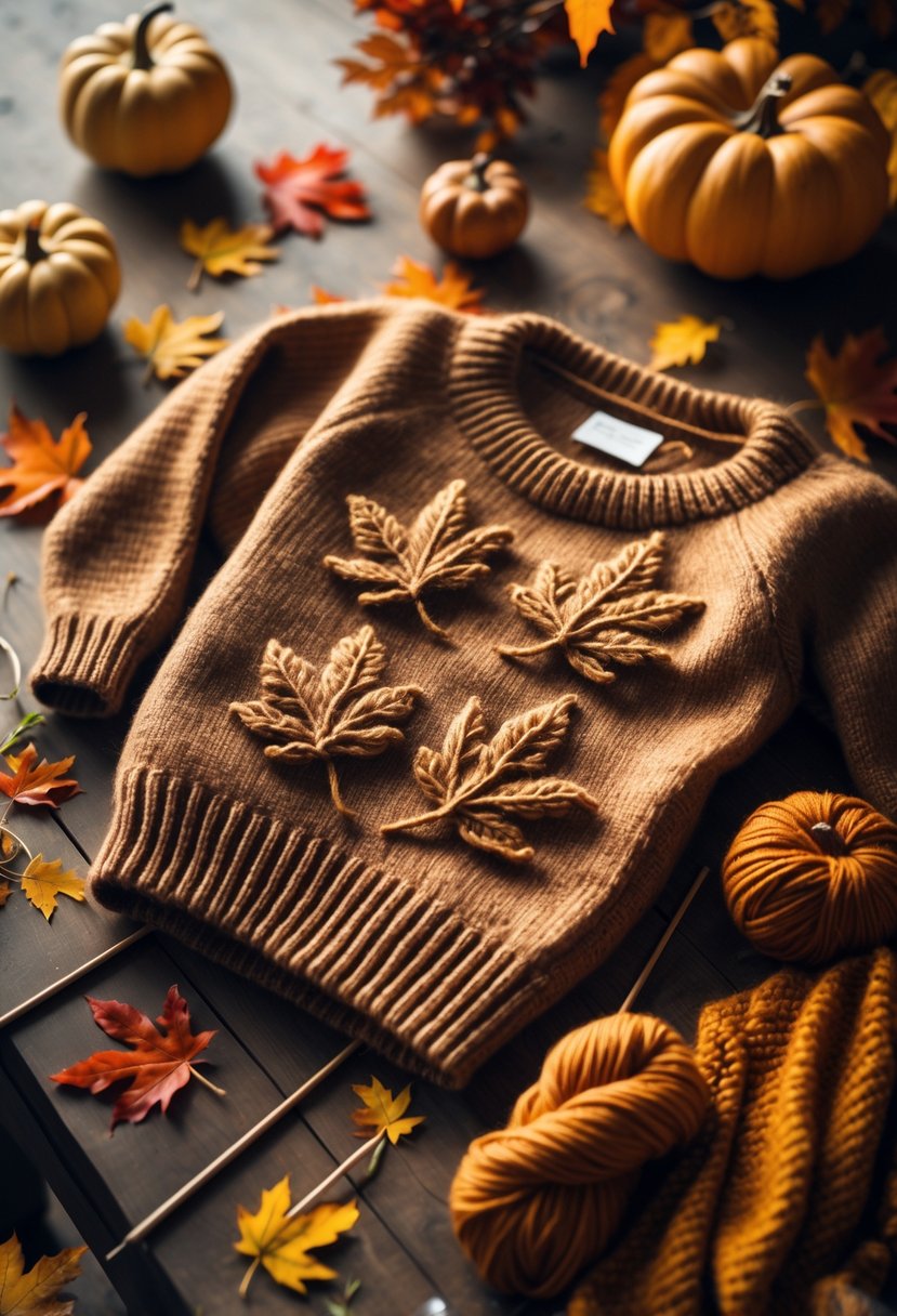 A cozy fall sweater with leaf patterns surrounded by autumn leaves, pumpkins, knitting needles, and yarn on a wooden table.