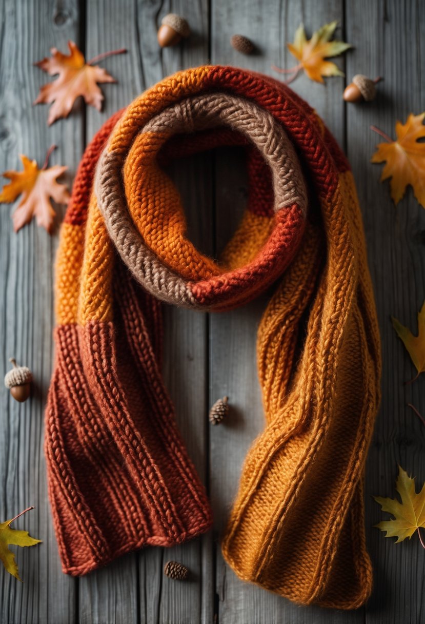 An autumn-colored knitted scarf laid on a wooden surface surrounded by fall leaves and acorns.