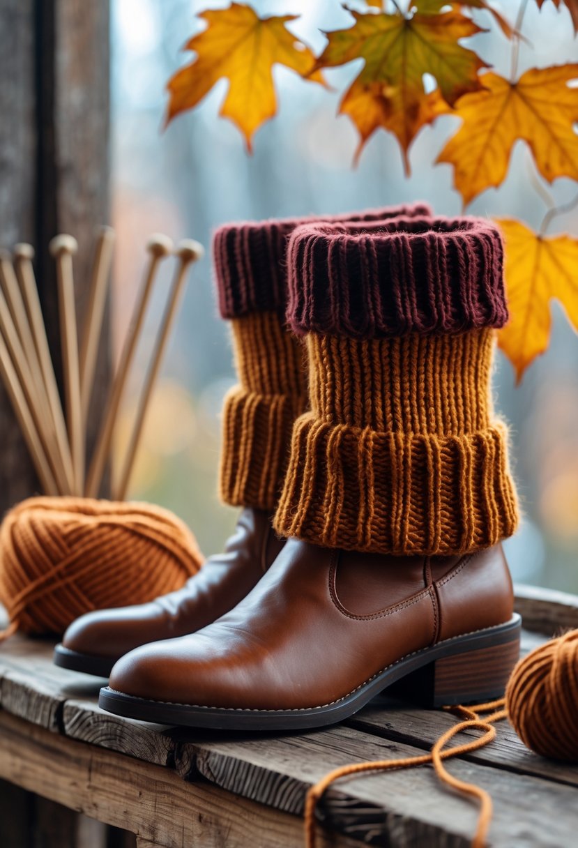 A pair of knitted boot cuffs in fall colors worn over brown ankle boots, with yarn and knitting needles on a wooden table surrounded by autumn leaves.