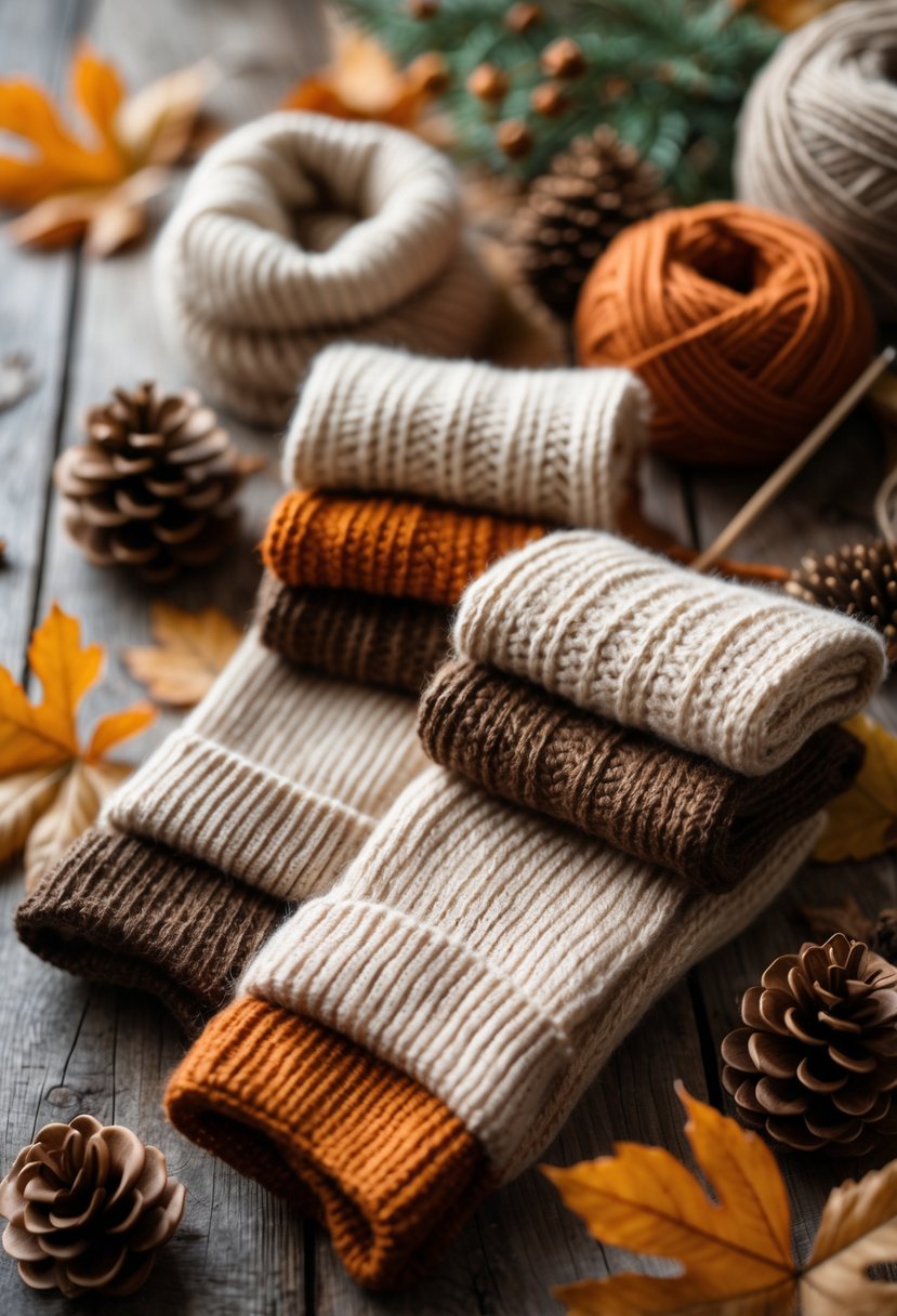 Soft woolen socks arranged on a wooden surface with autumn leaves, pine cones, and knitting yarn and needles.