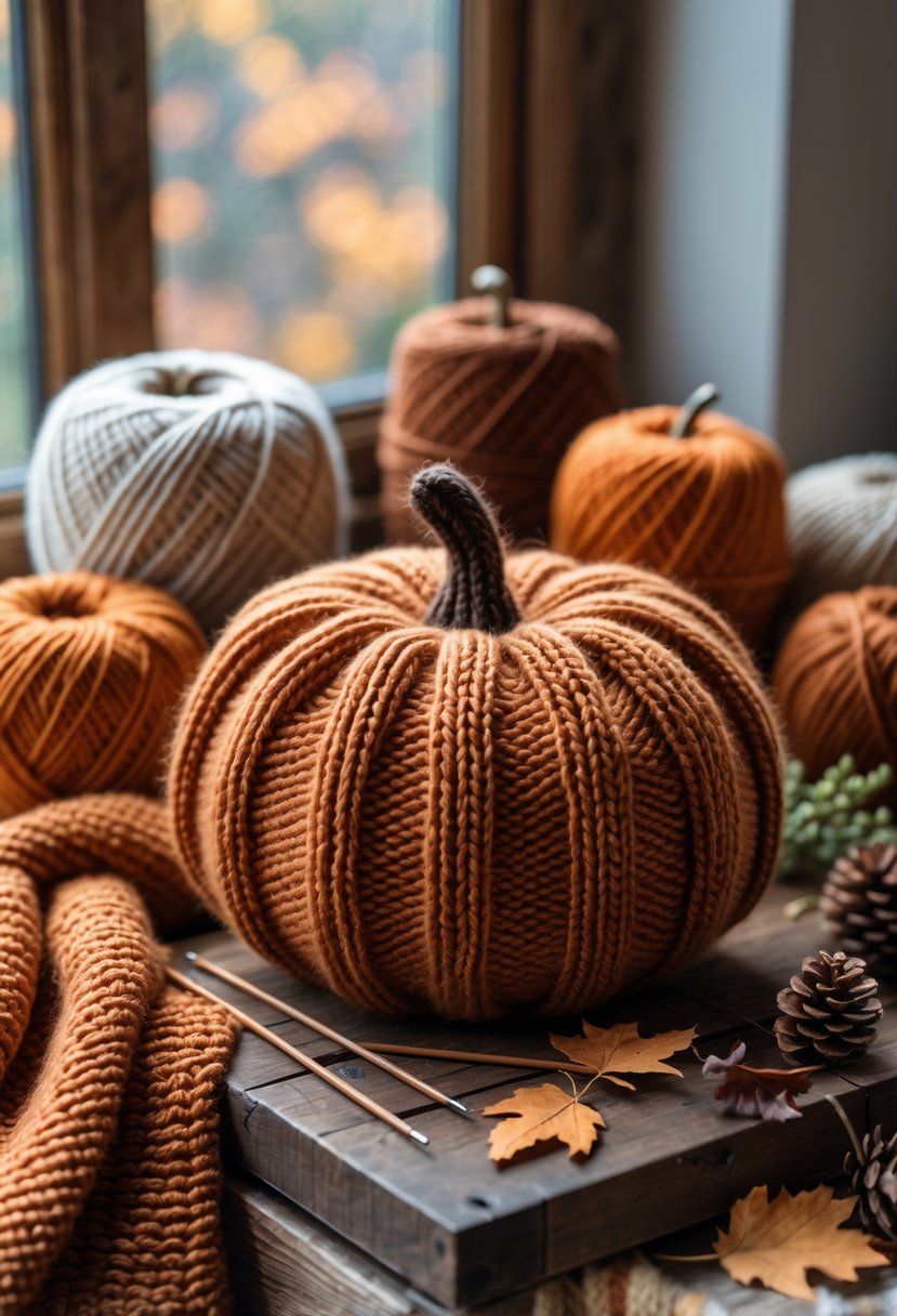 A knitted pumpkin decoration on a wooden table surrounded by yarn, knitting needles, and autumn leaves.