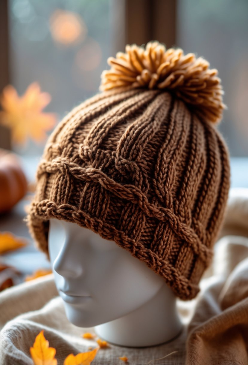 A knitted hat with detailed cable patterns in autumn colors placed on a wooden surface with fall leaves nearby.