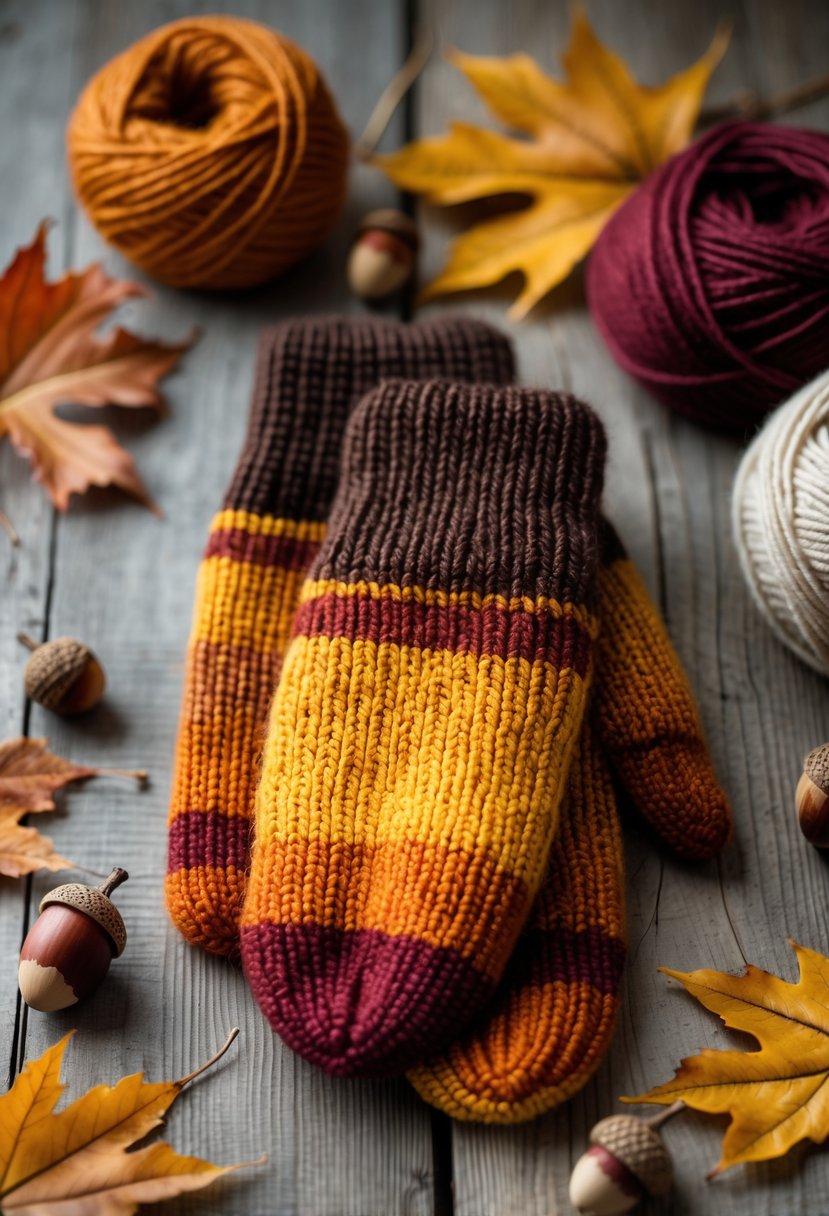 A set of striped mittens in autumn colors placed on a wooden surface with fall leaves and yarn nearby.