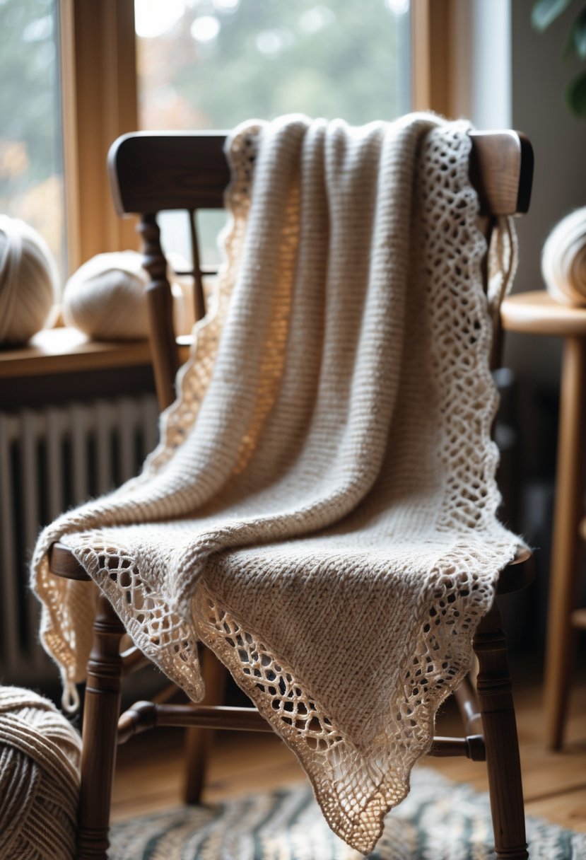 A simple lace-detailed shawl draped over a chair with knitting supplies nearby in a cozy room.