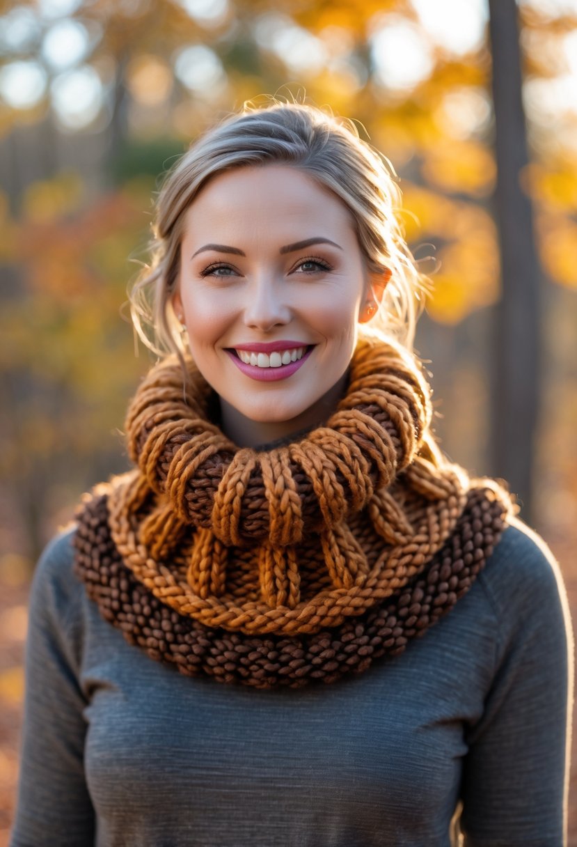 Person wearing a chunky knitted cowl neck warmer outdoors with autumn leaves in the background.
