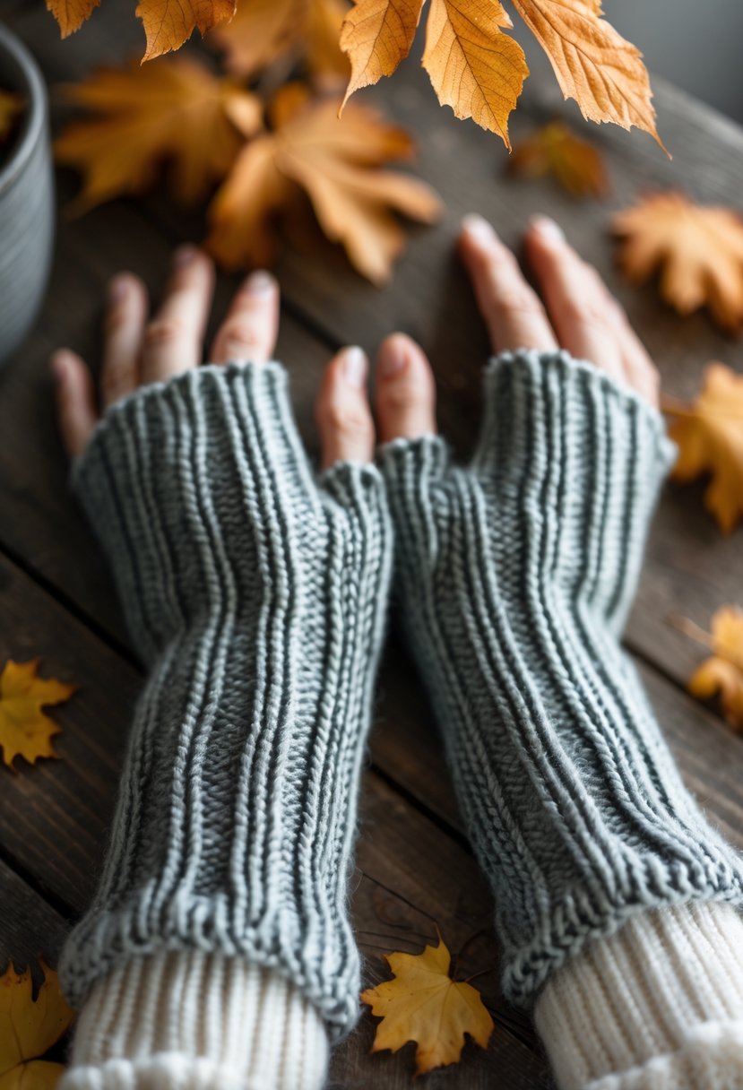 Hands wearing ribbed fingerless gloves resting on a wooden table with autumn leaves nearby.