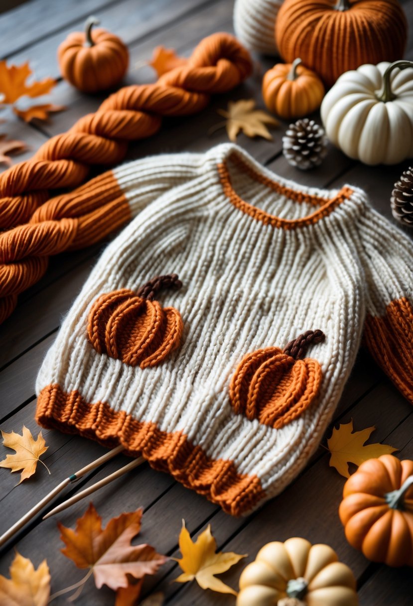 A cozy sweater with pumpkin stitch details laid out on a wooden table surrounded by autumn leaves, yarn, and knitting needles.