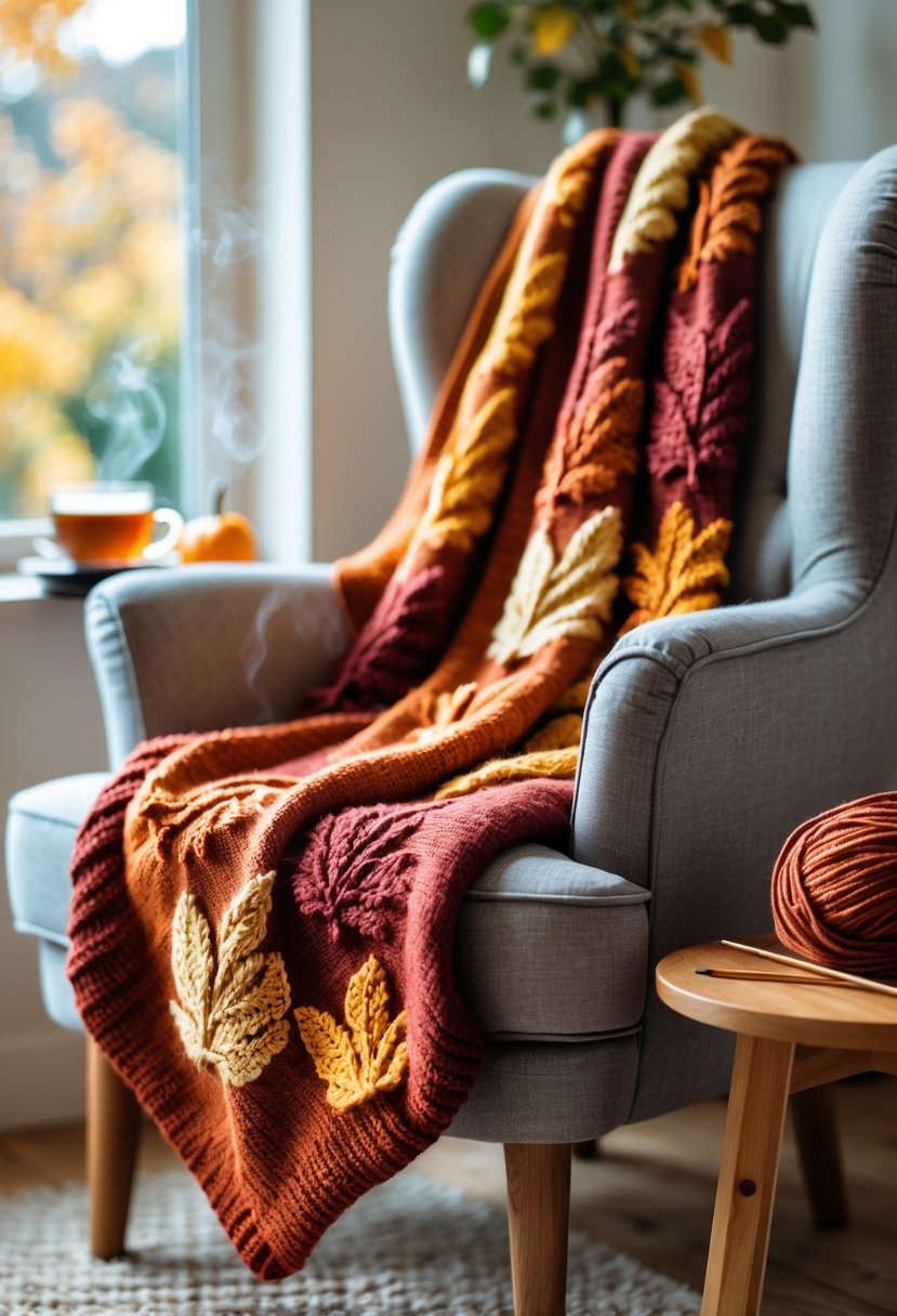 A leaf-patterned knitted throw blanket draped over an armchair in a sunlit living room with knitting needles and yarn on a nearby table.