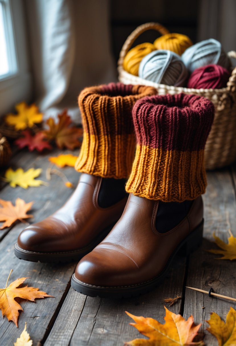 Close-up of knitted boot toppers on boots surrounded by autumn leaves and knitting supplies.