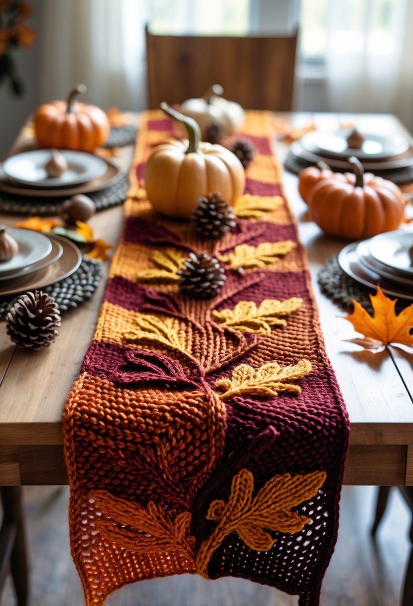 A table with a knitted autumn-colored table runner decorated with small pumpkins, pinecones, and autumn leaves.