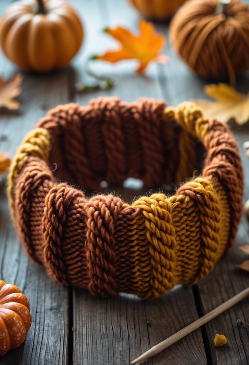 A chunky knit headband in autumn colors displayed on a wooden table with fall leaves and yarn nearby.