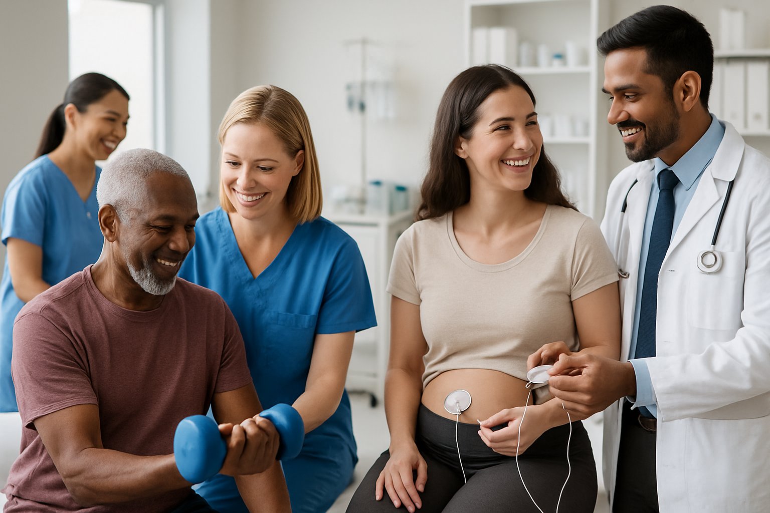 A diverse group of patients and healthcare providers interacting warmly in a modern clinic setting.