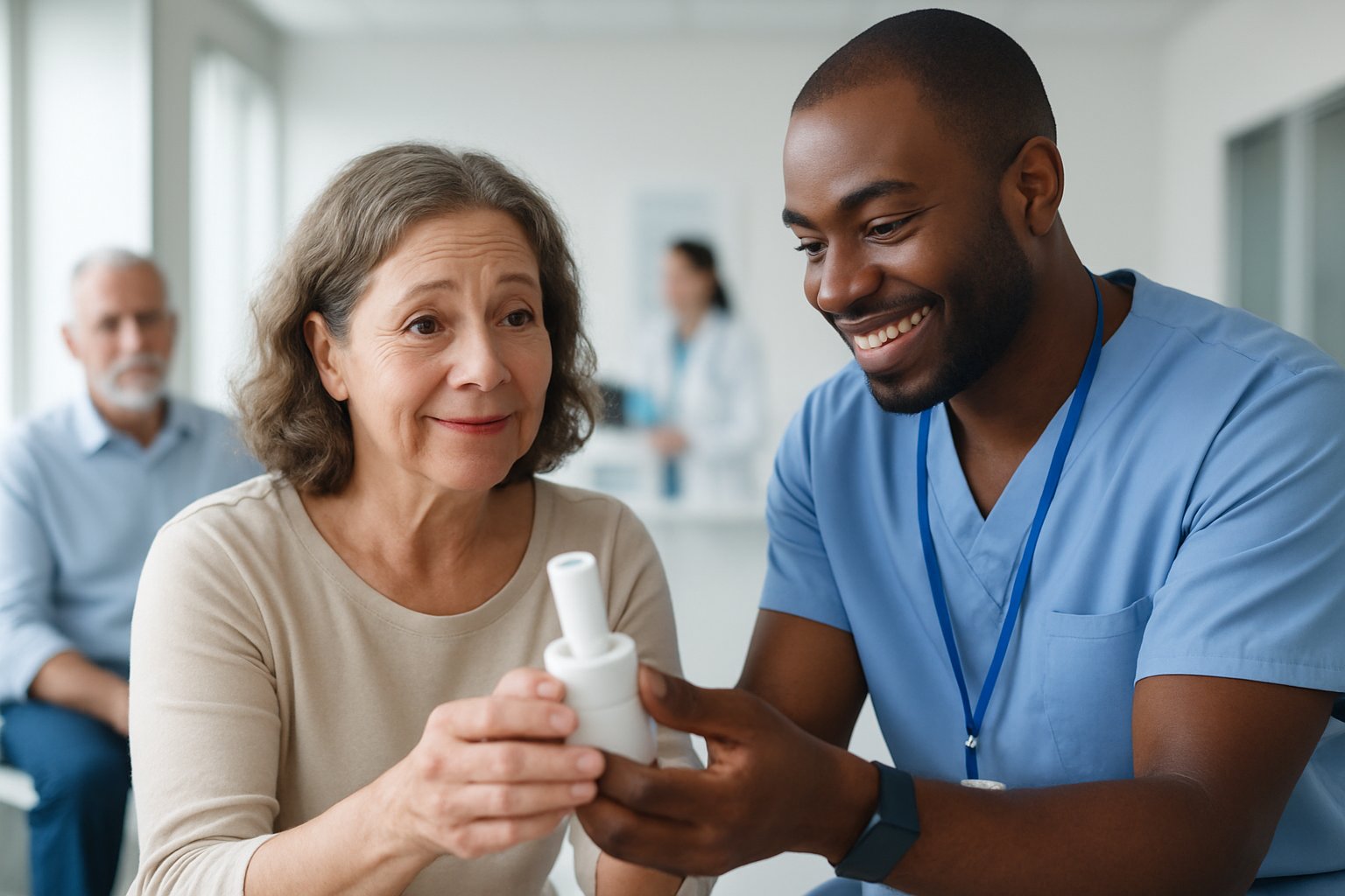 A diverse patient and healthcare provider in a modern clinic, the provider is gently guiding the patient through a new medical procedure, both showing warm and supportive expressions.