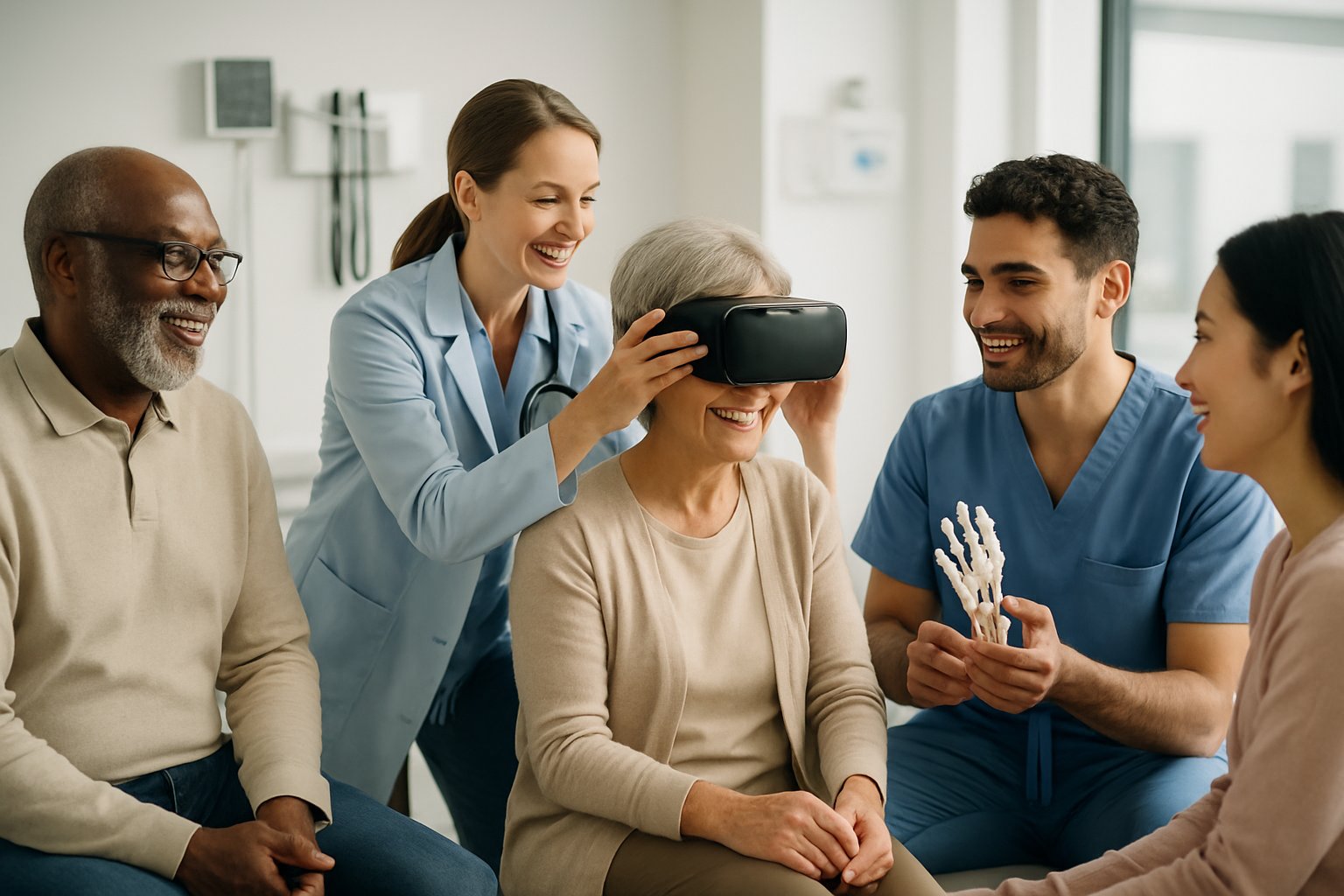 A diverse group of patients and healthcare providers interacting warmly in a modern clinic setting.