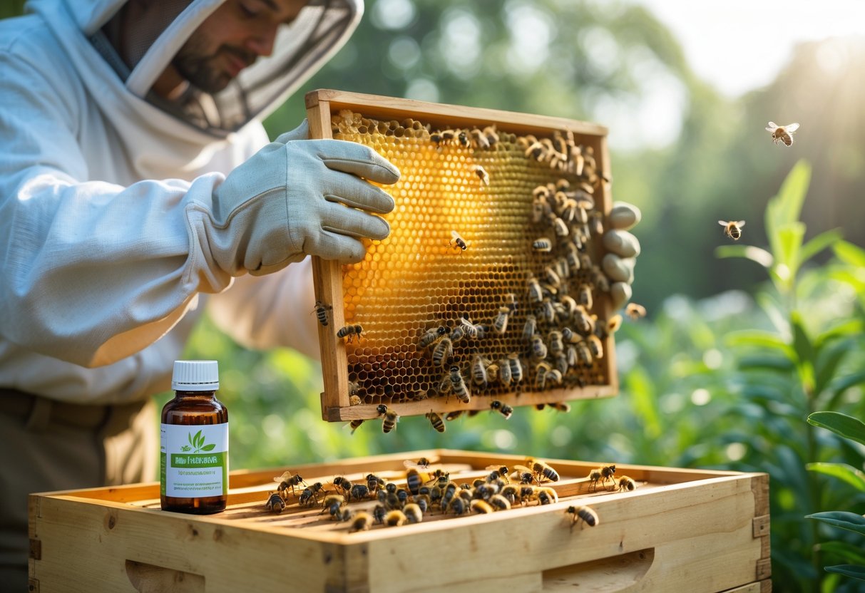 A beekeeper holding a honeycomb frame with bees, next to a small bottle of natural essential oil near a beehive outdoors.
