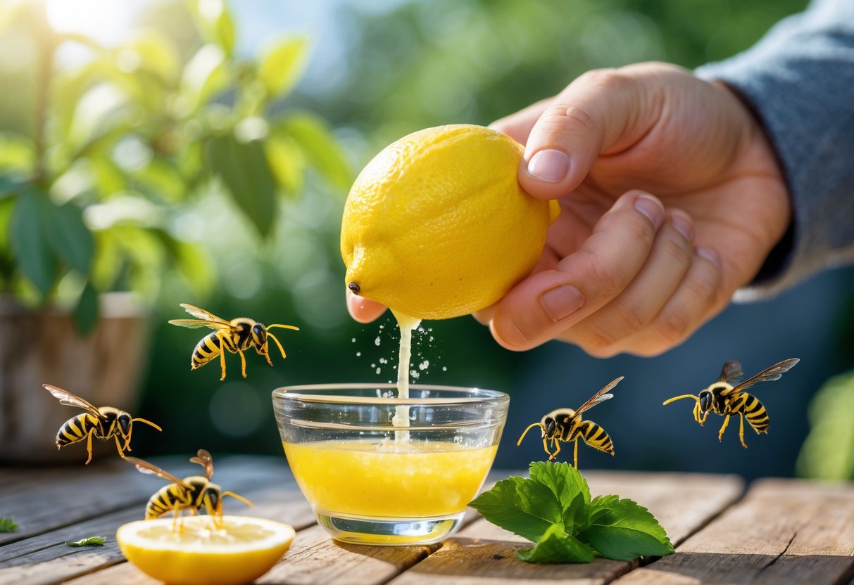 A hand squeezing lemon juice into a bowl on a wooden table with wasps flying nearby outdoors.