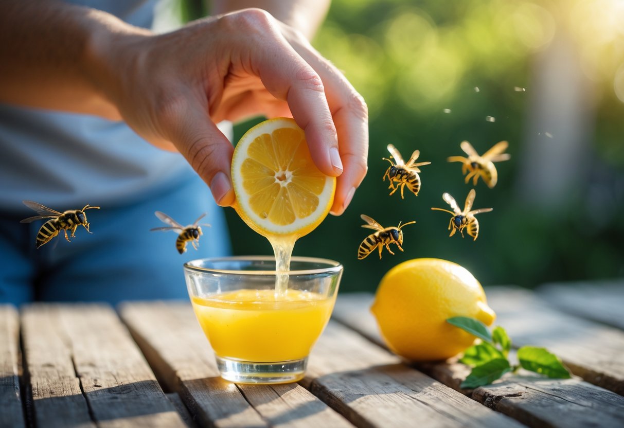 A hand squeezing lemon juice into a small bowl outdoors with wasps flying nearby over a wooden table.