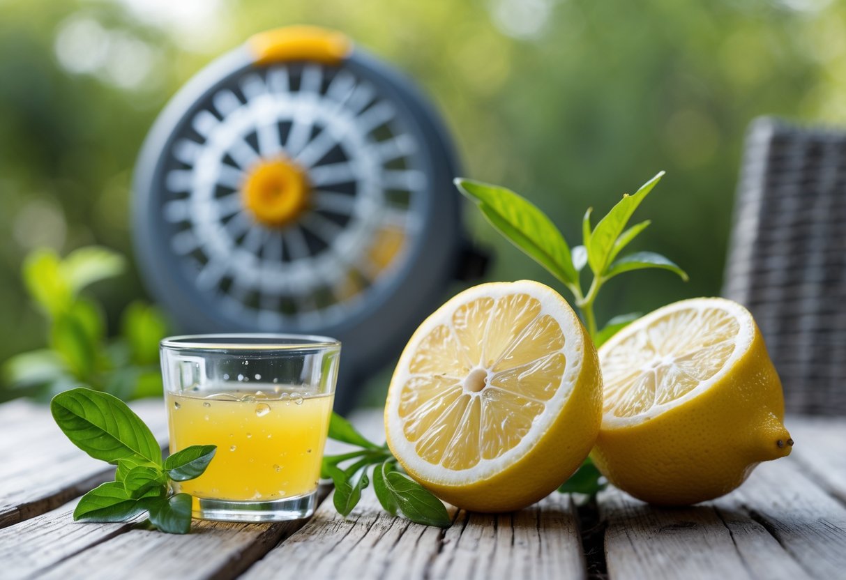 A close-up of a halved lemon and a small glass of lemon juice on a wooden table outdoors, with a wasp trap visible in the background.