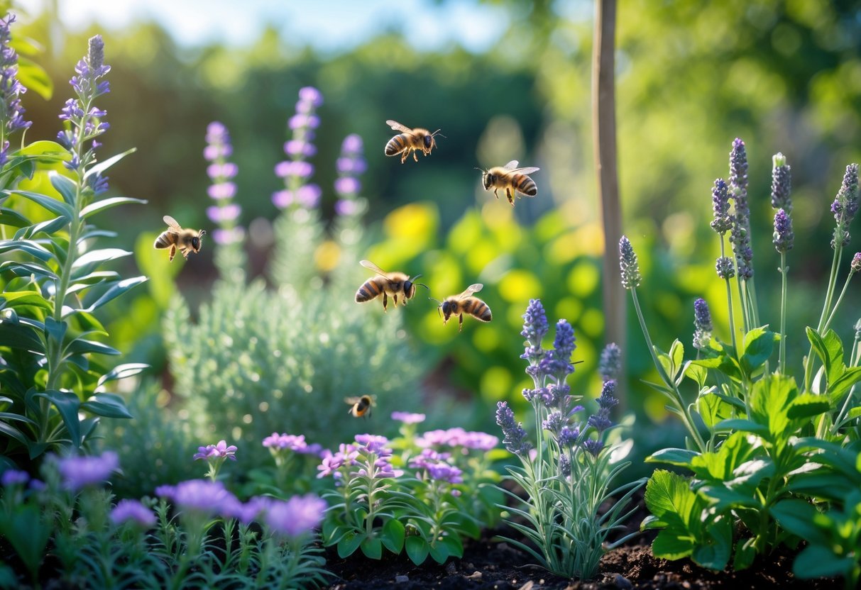 A garden with lavender, eucalyptus, and mint plants where bees are seen avoiding the repellent plants among colorful flowers.