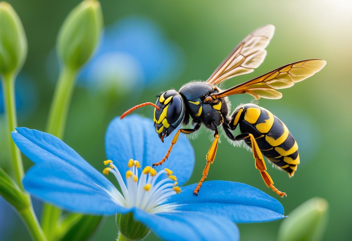 A wasp flying near a bright blue flower in a green outdoor setting, appearing to avoid the flower.