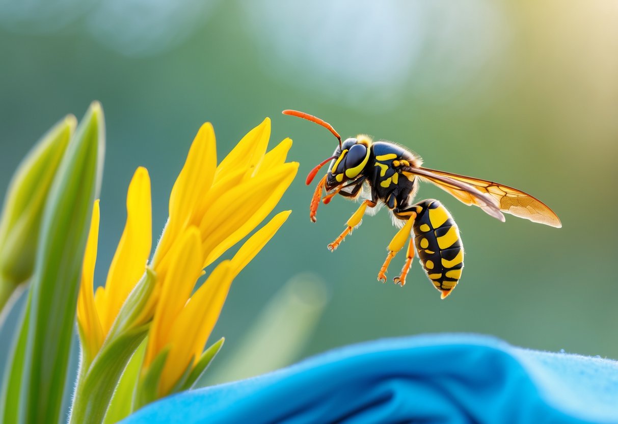 A wasp hovering near a yellow flower, avoiding a bright blue object nearby in a natural outdoor setting.