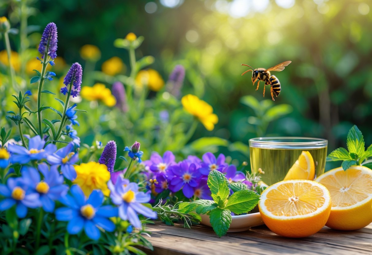 A garden scene with colorful flowers, natural remedies like vinegar, mint, and citrus, and a wasp avoiding blue and purple flowers.