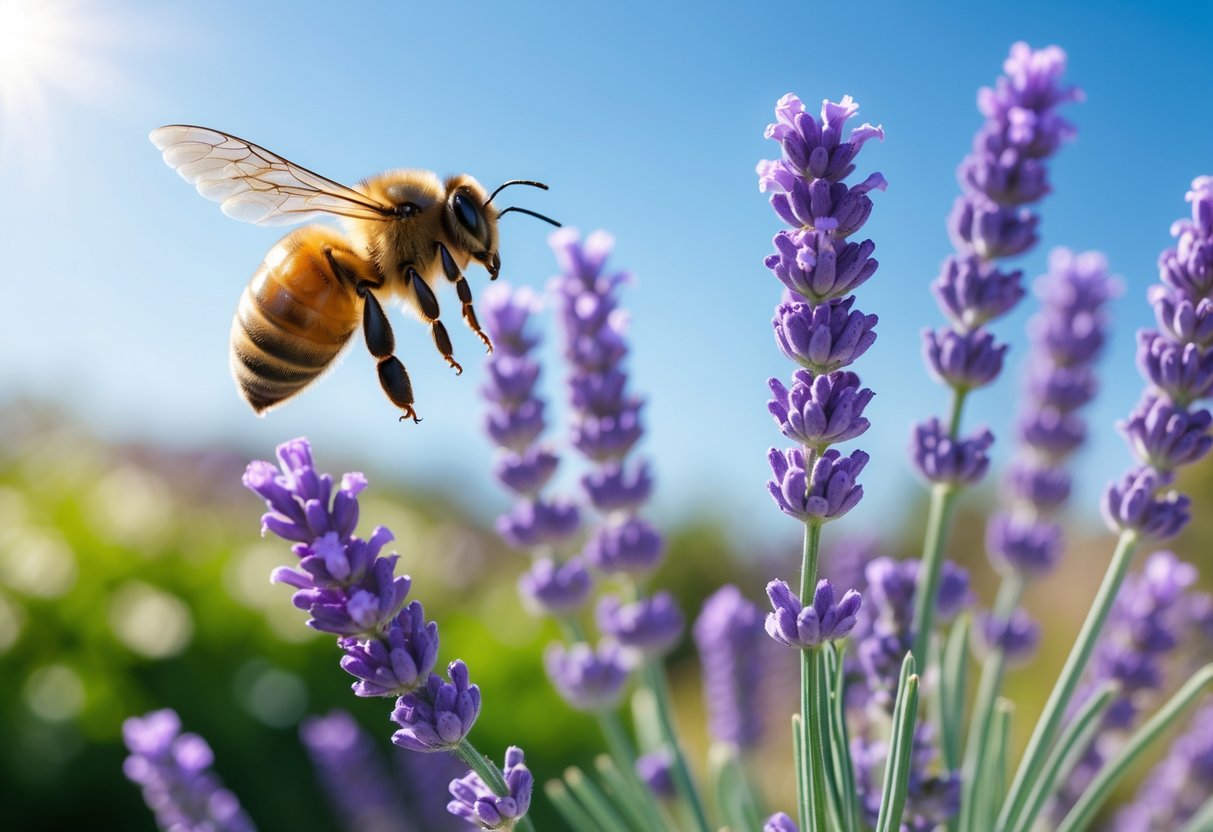 A honeybee flying near blooming lavender flowers outdoors in sunlight.