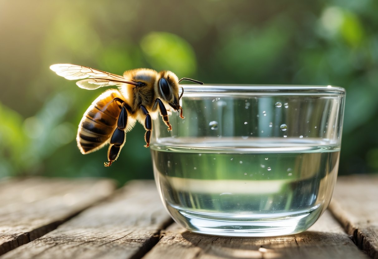 A honeybee hovering near a small glass bowl filled with vinegar on a wooden table outdoors.