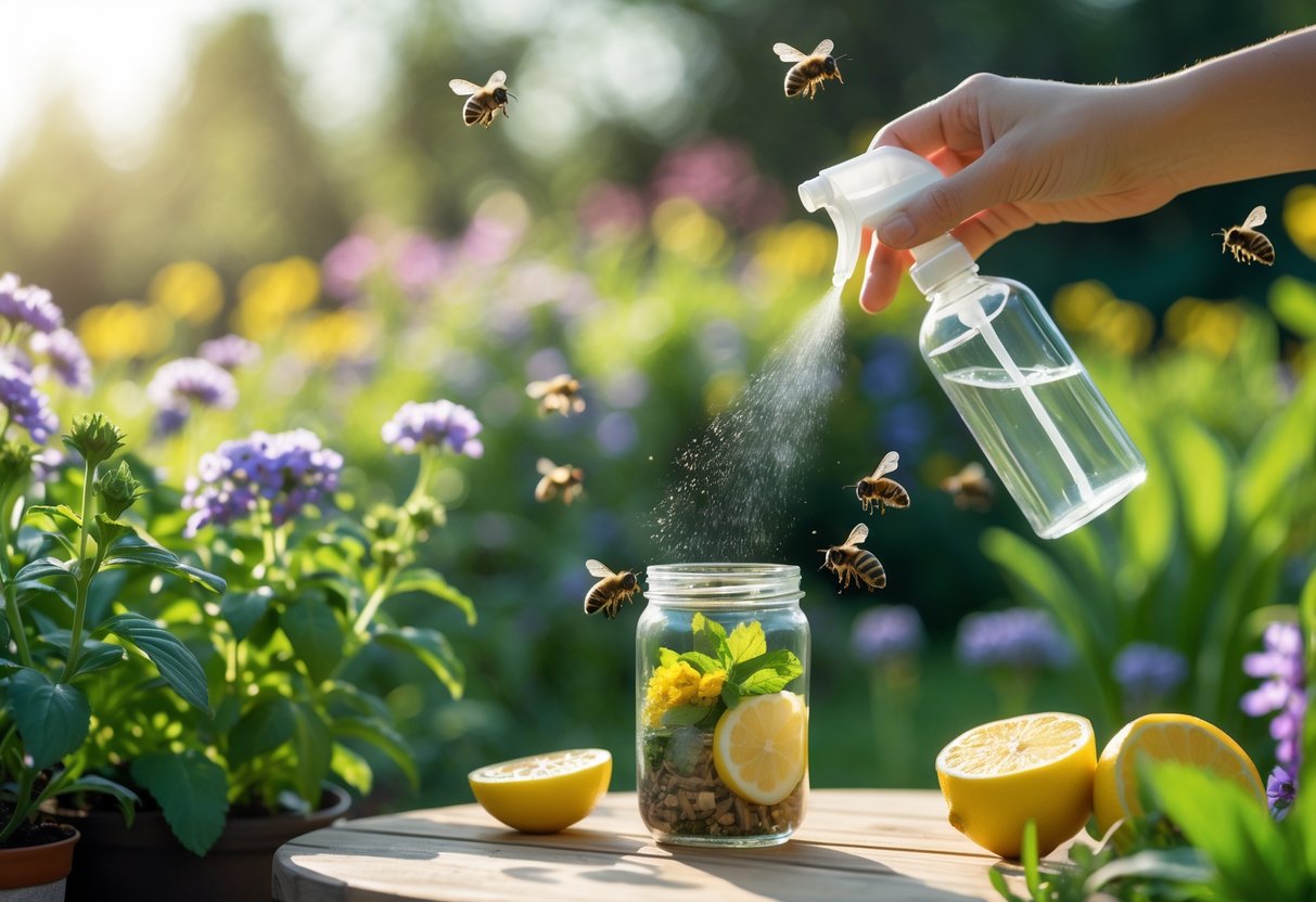 A garden scene with flowers and plants, a jar of natural bee repellent ingredients, and a hand spraying a mist while bees fly nearby.