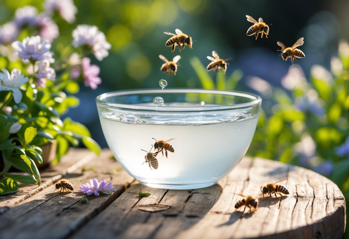 A glass bowl of vinegar on a wooden table outdoors with flowers and bees flying nearby but avoiding the vinegar.