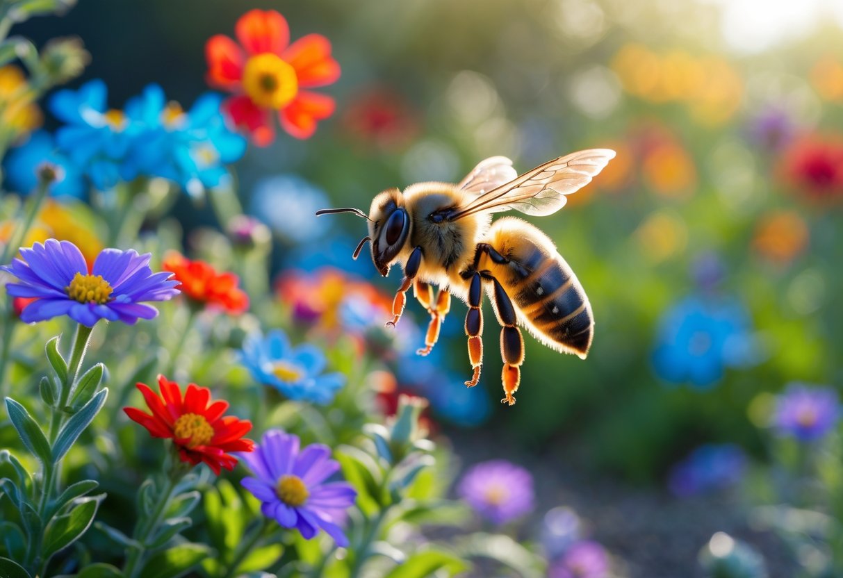 A bee hovering near colorful flowers in a garden with sunlight.