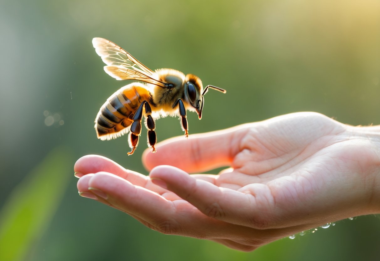 A honeybee flying close to a human hand with fingers slightly tensed against a blurred green background.