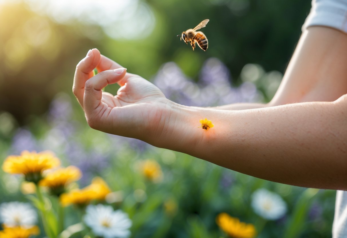 A person holding their arm with a visible bee sting, with a honeybee flying near flowers in the background.
