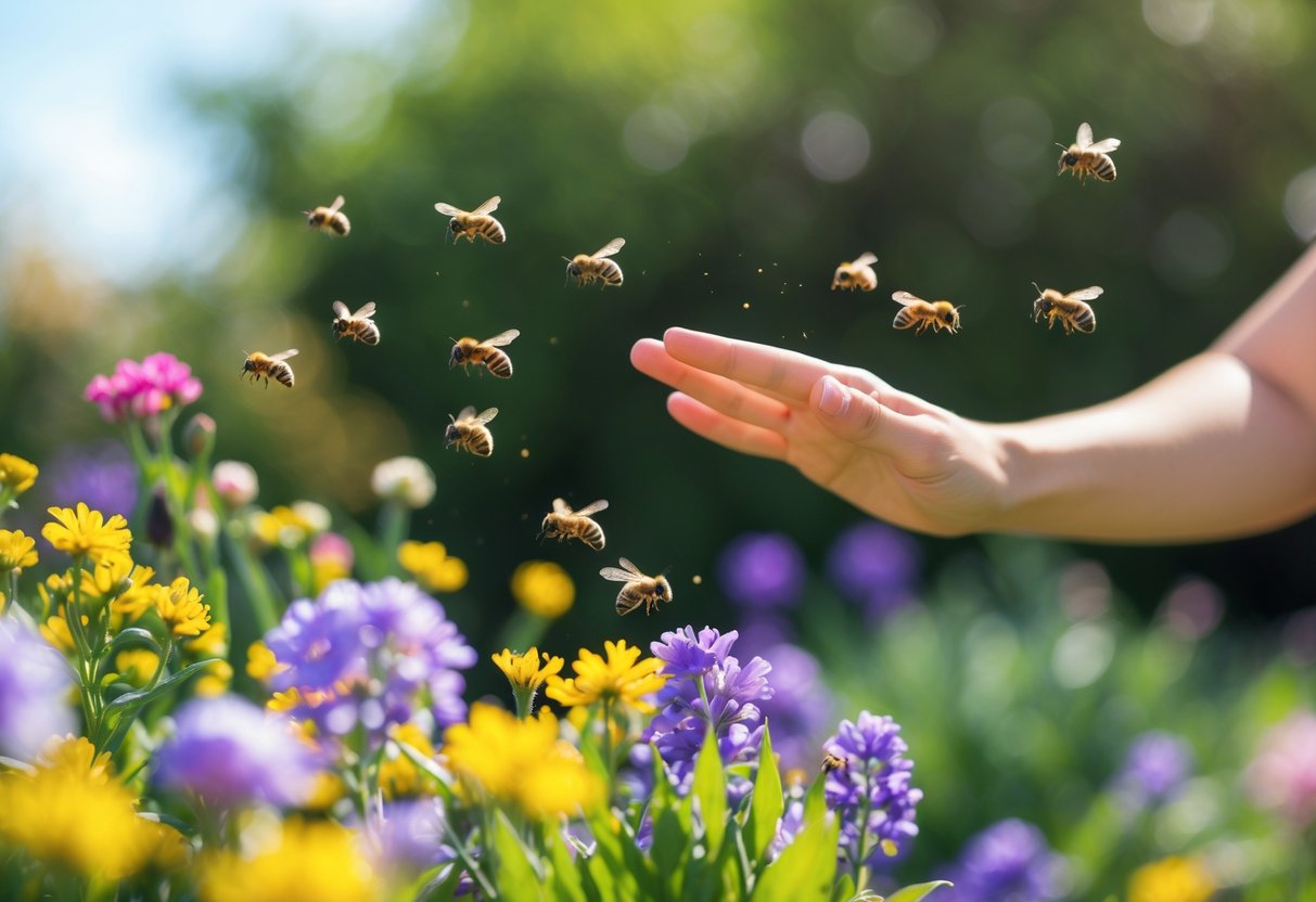 A hand waving near colorful flowers with bees flying away in a sunny garden.