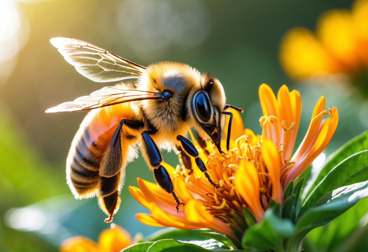 A honeybee gathering nectar from a colorful flower in a natural outdoor setting.