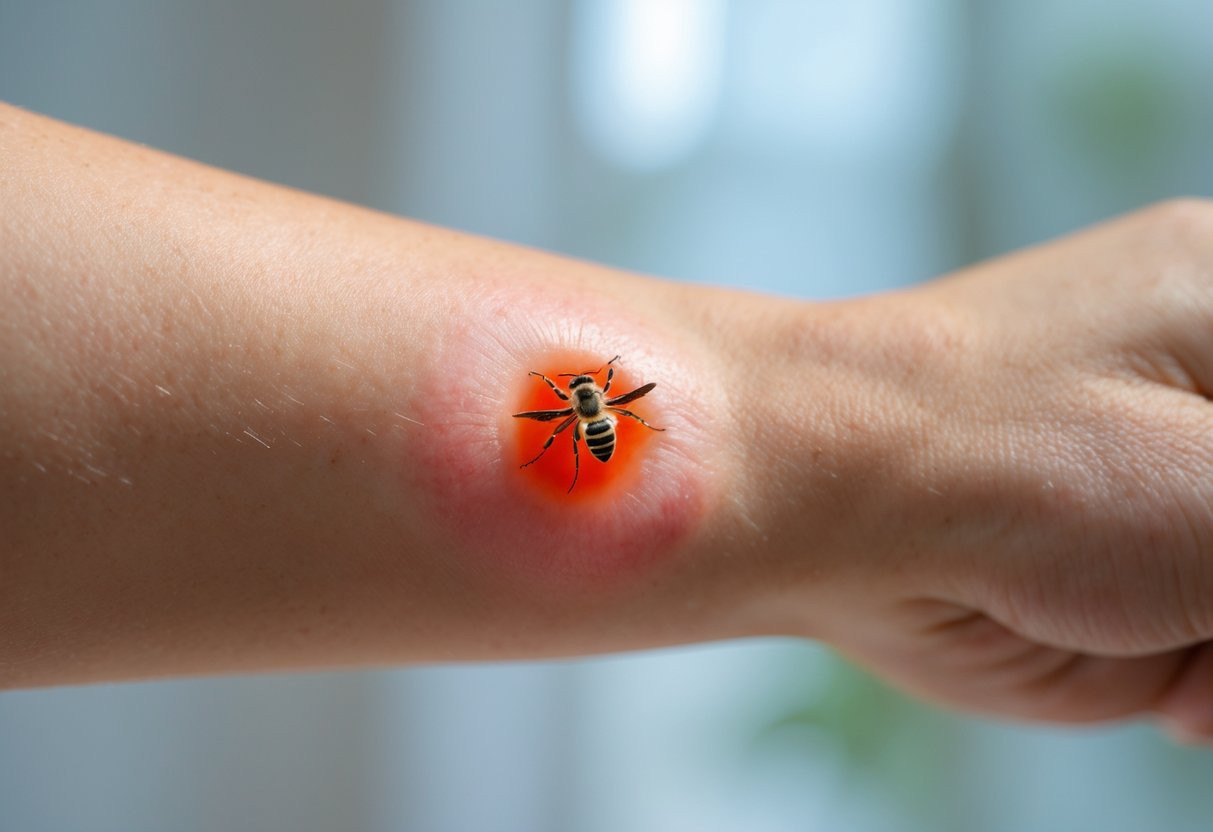 Close-up of a swollen, red bee sting on a person's forearm.