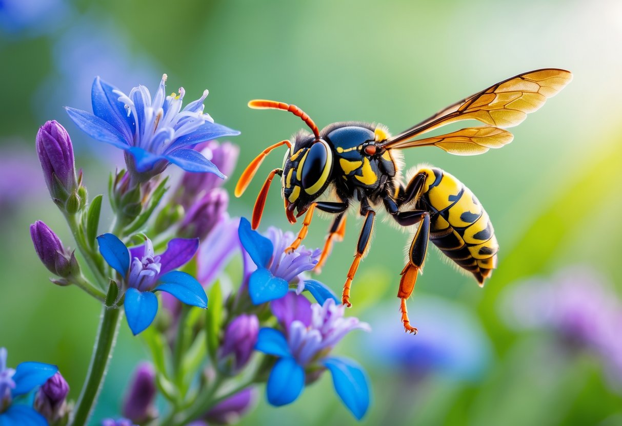 A close-up of a wasp near blue and purple flowers with green foliage in the background.