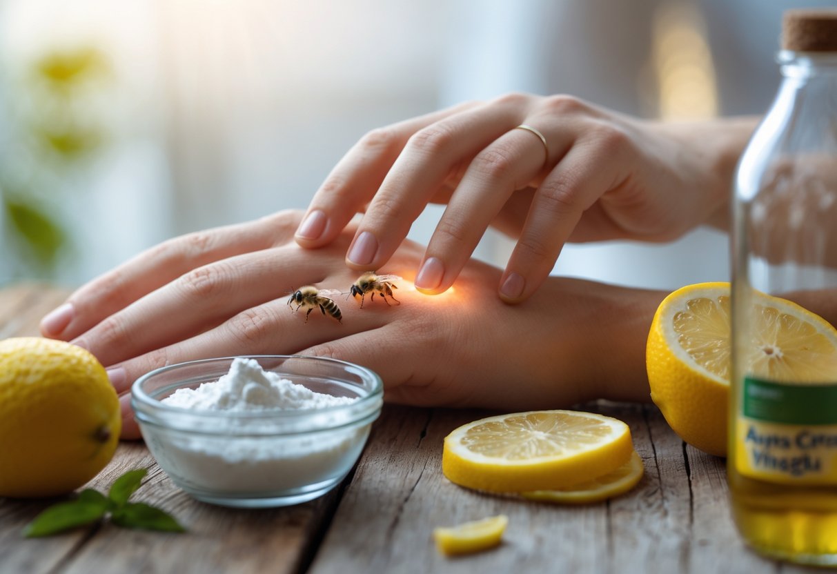 A hand applying a natural remedy to a bee sting with baking soda paste, lemon slice, and apple cider vinegar nearby on a wooden table.