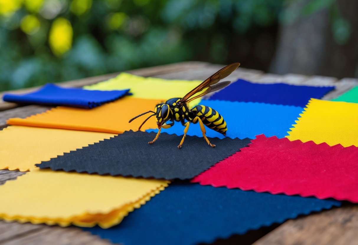 A wasp hovering near colorful fabric swatches on a wooden table outdoors with green foliage in the background.