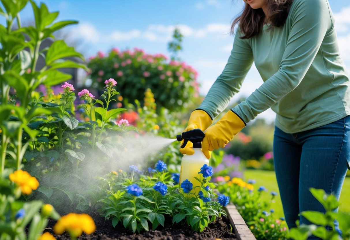A person outdoors spraying natural repellent on flowers in a garden to gently deter bees.