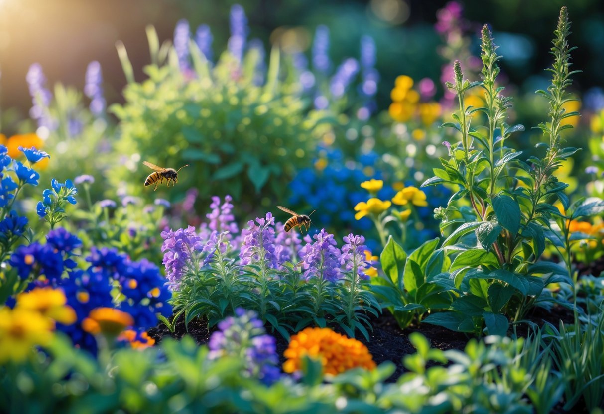 A colorful garden bed with blue, purple, yellow, and orange flowers, along with mint and eucalyptus plants, in bright daylight.