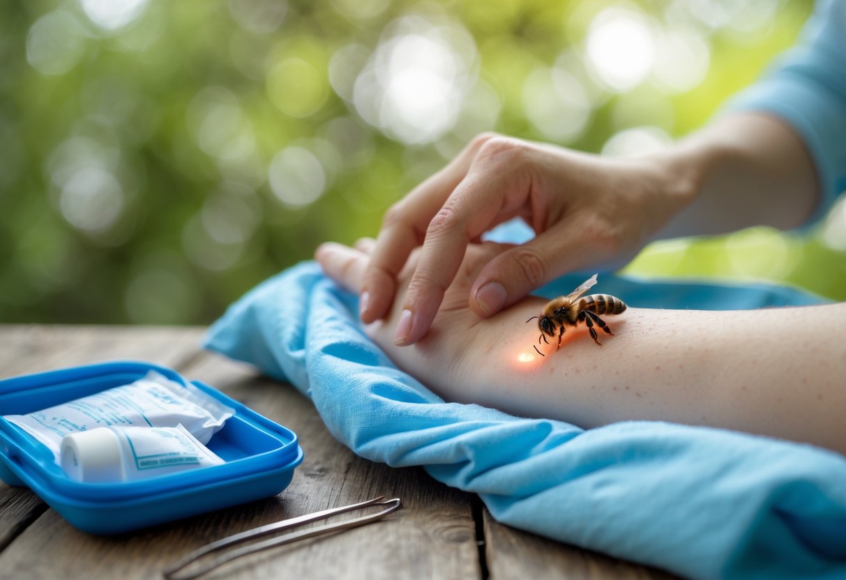 A person applying a cold compress to a swollen bee sting on their forearm outdoors with a first aid kit nearby.