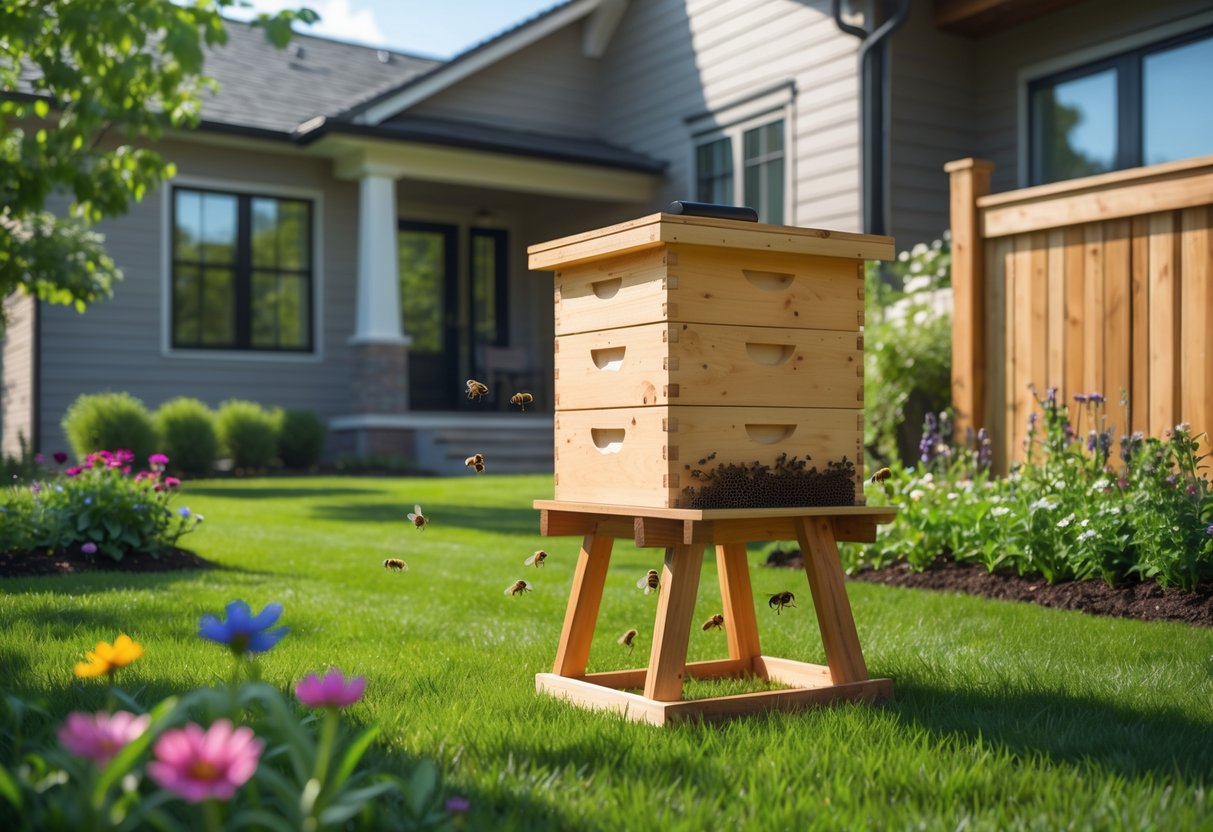 A wooden beehive placed a few feet away from a house in a backyard with flowers and bees flying around.